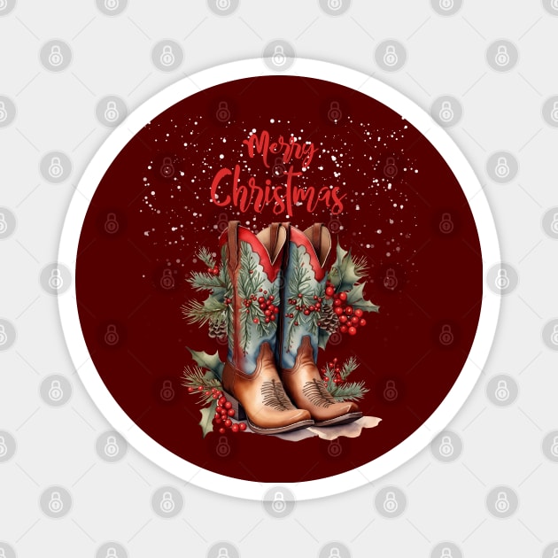 Merry Christmas, Christmas gifts and cowgirl boots, mistletoe branches, hawthorn and pine branches with pine cones Magnet by Collagedream